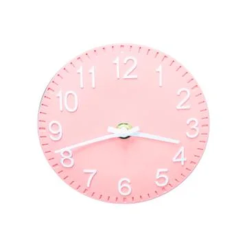 Clock with pink dial and white numbers and arrows on isolated background Stock Photos