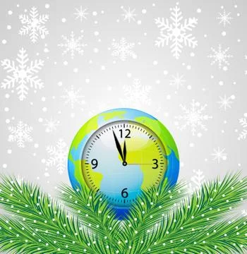 Clock as a planet earth and branches of christmas tree Stock Illustration