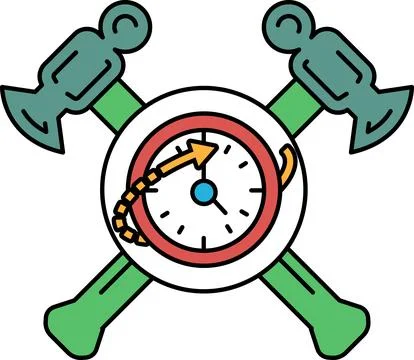 A clock with a red and white face and a green and white hammer イラスト素材