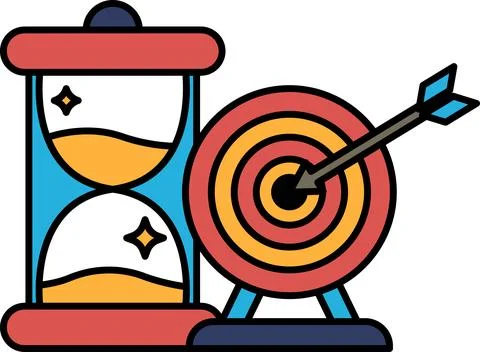 A clock with a red and yellow face and a black arrow pointing to a target Stock Illustration