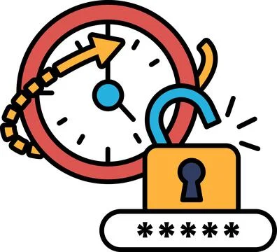 A clock with a red circle and a blue arrow pointing to the right 스톡 일러스트