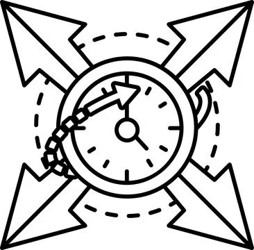 Clock with a red face and four arrows pointing to the numbers Stock Illustration
