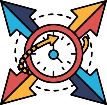 A clock with a red face and four arrows pointing to the numbers 1, 2, 3, and  Illustrazione stock