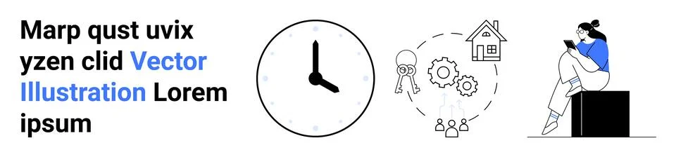 Clock representing time management, tech gears with human icons, house indica Illustrazione stock