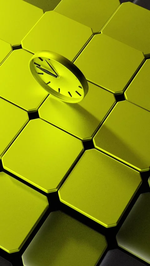 Clock Rolling Across Reactive Yellow Tile Grid Loop Stock Footage 324884271