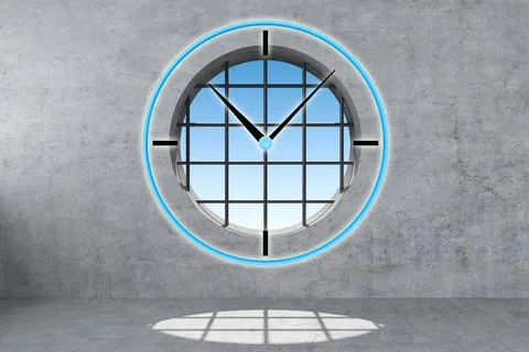 Clock round window with grating in concrete wall Stock Illustration
