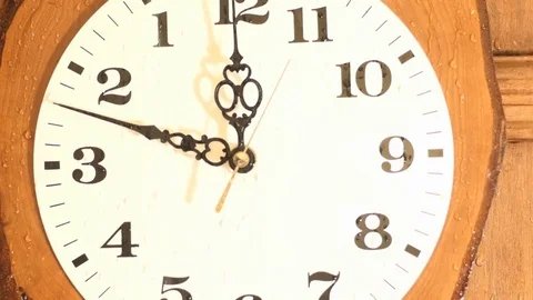 Clock running counterclockwise with rain and drops flowing on dial Stock Footage 83487125