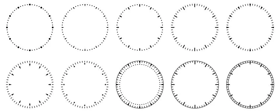 Clock scale vector. Circular timer elements. Radial clock marks. Time indic.. Stockillustratie