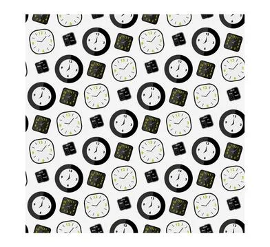 Clock seamless pattern on modern white background. Textile background. Patter Stock Illustration