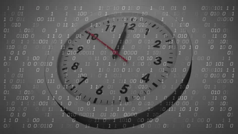Clock second hand ticking toward two, binary code flooding frame to illustrate Stock-Footage 311454658