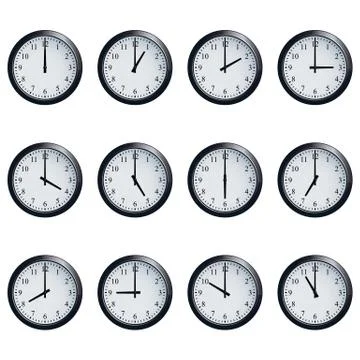 Clock set timed at each hour on white background Stock Illustration