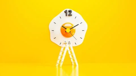 Clock is shaped like fried egg in the middle of yellow room. Wooden ladder Stock Illustration