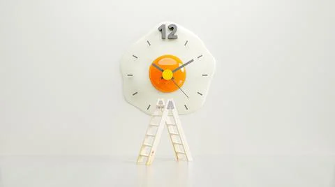 Clock is shaped like fried egg in the middle of white room. Wooden ladder Stock Illustration