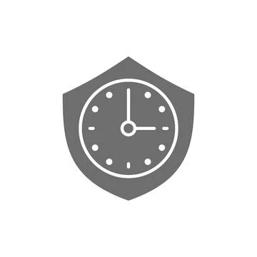 Clock with shield, security time grey icon. Illustrazione stock