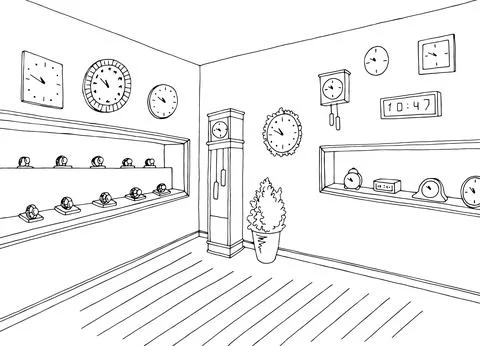 Clock shop store interior graphic black white sketch illustration vector イラスト素材