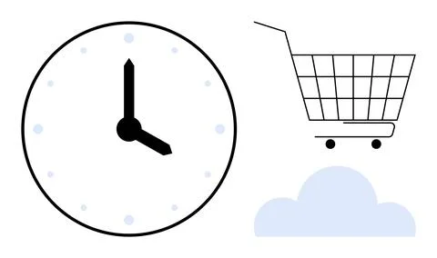 Clock with Shopping Cart and Cloud Themes and Vector Art in Minimalist Style 스톡 일러스트