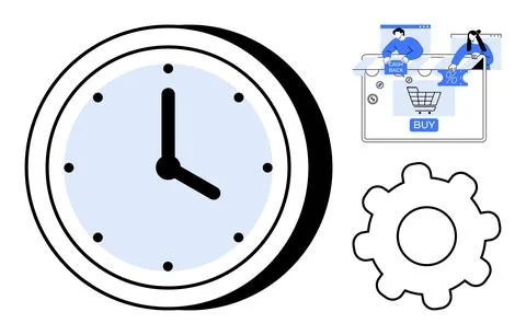 Clock, Shopping Interface, and Gear Icon Illustration Highlighting Time Man.. イラスト素材