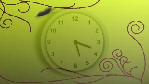Clock showing 6:00 with butterfly and swirling vines animated design Stock Footage 327008802