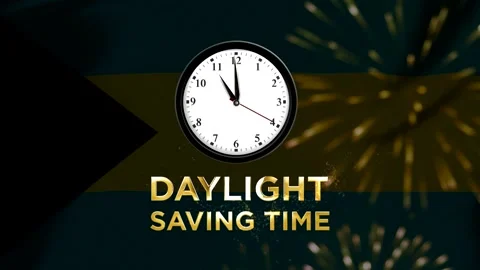 A clock showing daylight saving time concept with golden text overlay again.. Stock Footage 346541166