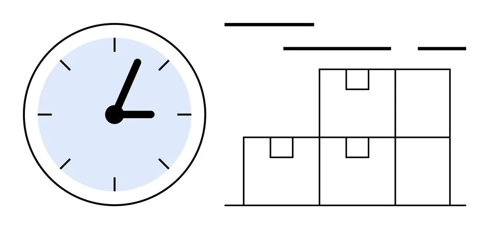 Clock showing efficient time management alongside stacked boxes representing  Stockillustratie