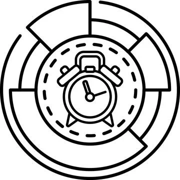 A clock is shown in the center of a circle with a white background Stock Illustration