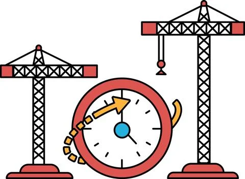 A clock is shown with a construction crane in the background Stock Illustration