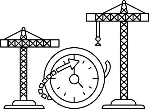 A clock is shown with a construction crane in the background Stock Illustration