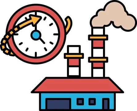 A clock is shown with a red background and a blue building in the foreground Ilustración de archivo