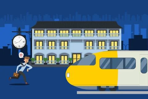 Clock shows that man late for train, vector illustration. Passenger character Stock Illustration