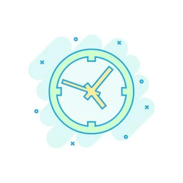Clock sign icon in comic style. Time management vector cartoon illustration o Illustrazione stock