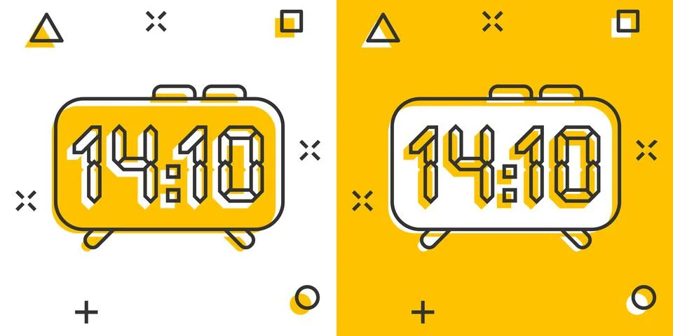 Clock sign icon in comic style. Time management vector cartoon illustration o Ilustración de archivo