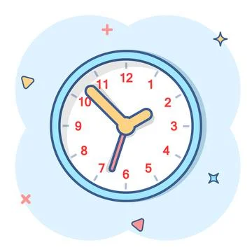 Clock sign icon in comic style. Time management vector cartoon illustration o Illustrazione stock