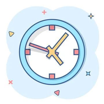Clock sign icon in comic style. Time management vector cartoon illustration o Ilustración de archivo