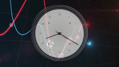 Clock sitting center red-blue waves entering left, nodes passing face, hands Vídeo Stock 337904996