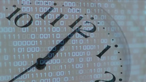 Clock starting near 12, hands rotating while binary stream shifting, visualizing Stock Footage 329122002