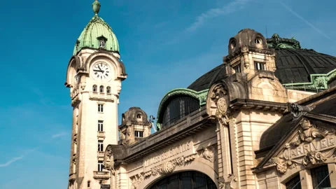Clock of the Station Benedictin Tower, Timelapse, France, Limoges Video stock 150454748