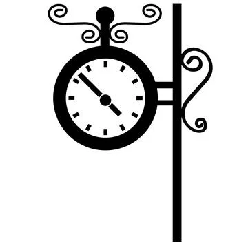 Clock at station icon. Train station clock sign. Vintage street numeral Ilustración de archivo