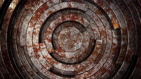Clock-style moving weathered old metal rings pattern looping 3D animation Stock Footage 190369698