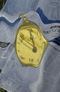 Clock superimposed over financial reports Stock Illustration