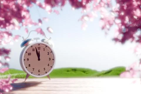 A clock surrounded by pink blossoms, symbolizing the arrival of spring. Illustrazione stock