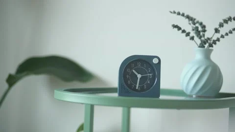 Clock on table with plant and vase in room Stock Footage 340598394