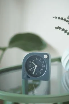 Clock on a table with a plant in background in a bright room Stock Photos