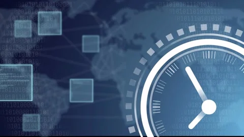 Clock ticking and hand appearing, gauge receiving sliding data panels from map Stock Footage 335739767