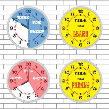 Clock time concept set brick wall Stock Illustration