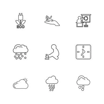 Clock , time , plants , ecology , sun , cloud , rain , weather , eps  icons s Ilustración de archivo