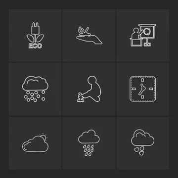 Clock , time , plants , ecology , sun , cloud , rain , weather , eps  icons s Illustrazione stock