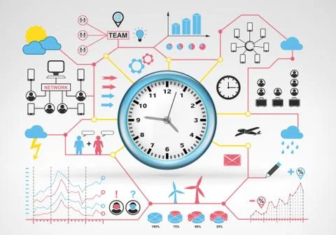 Clock time running with blue red infographic icons and graphs around Illustrazione stock