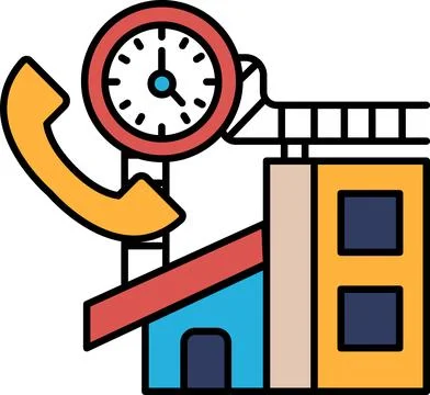 A clock is on top of a building with a phone on the left side Ilustración de archivo