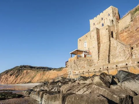 The Clock Tower and cafe, Jacob s Ladder Beach, Sidmouth, Devon, England, ... Stock Photos