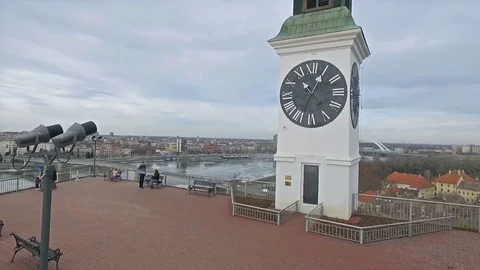 Clock tower and city panorama 4K composition Stock Footage 78874571